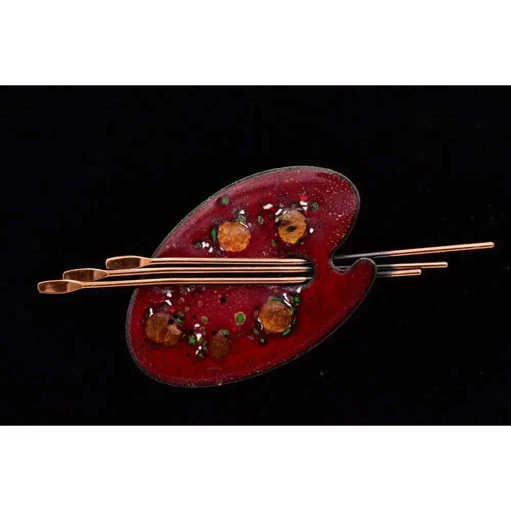 Matisse Renoir Palette Brooch Pin Copper Red Enamel Vintage Signed 1950s BinBG